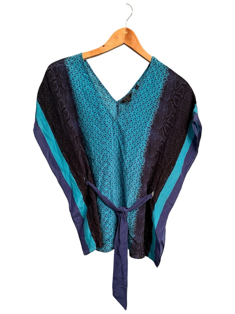 Guess Teal & Navy Printed V-Neck Kaftan Top 100% Silk Size S